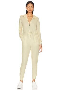 WeWoreWhat Waffle Knit Zip Front Collar Elastic Waist Jumpsuit Beige Size M